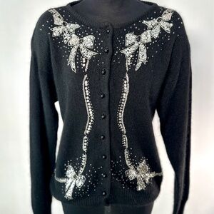 Vintage Black Silver Sequin Beaded Cottagecore Cardigan Sweater Silk Angora M/L